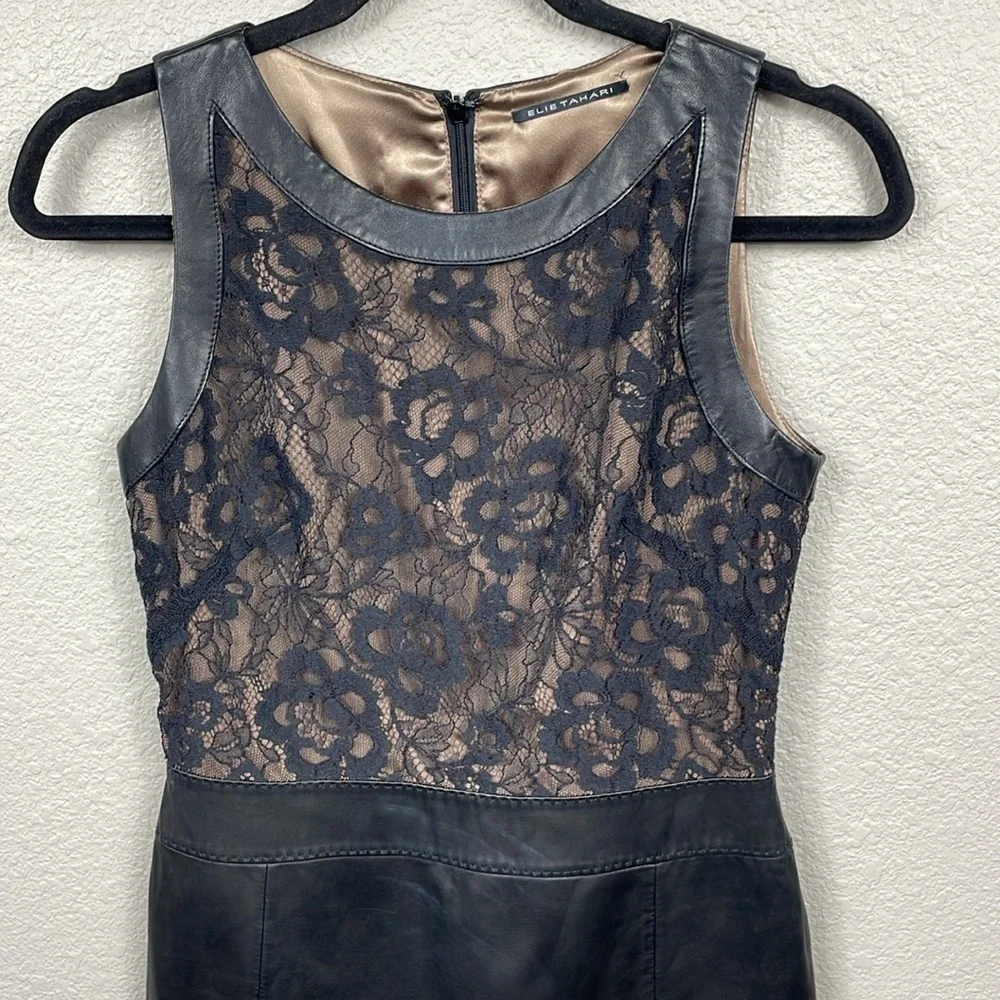 Elie Tahari Leather and Lace Sleeveless Sheath Dress Career Office LBD Sz 4